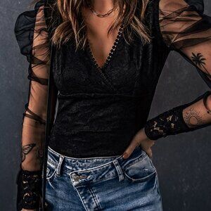 Svetle Chic Long Puff Sleeve Lace Bodysuit